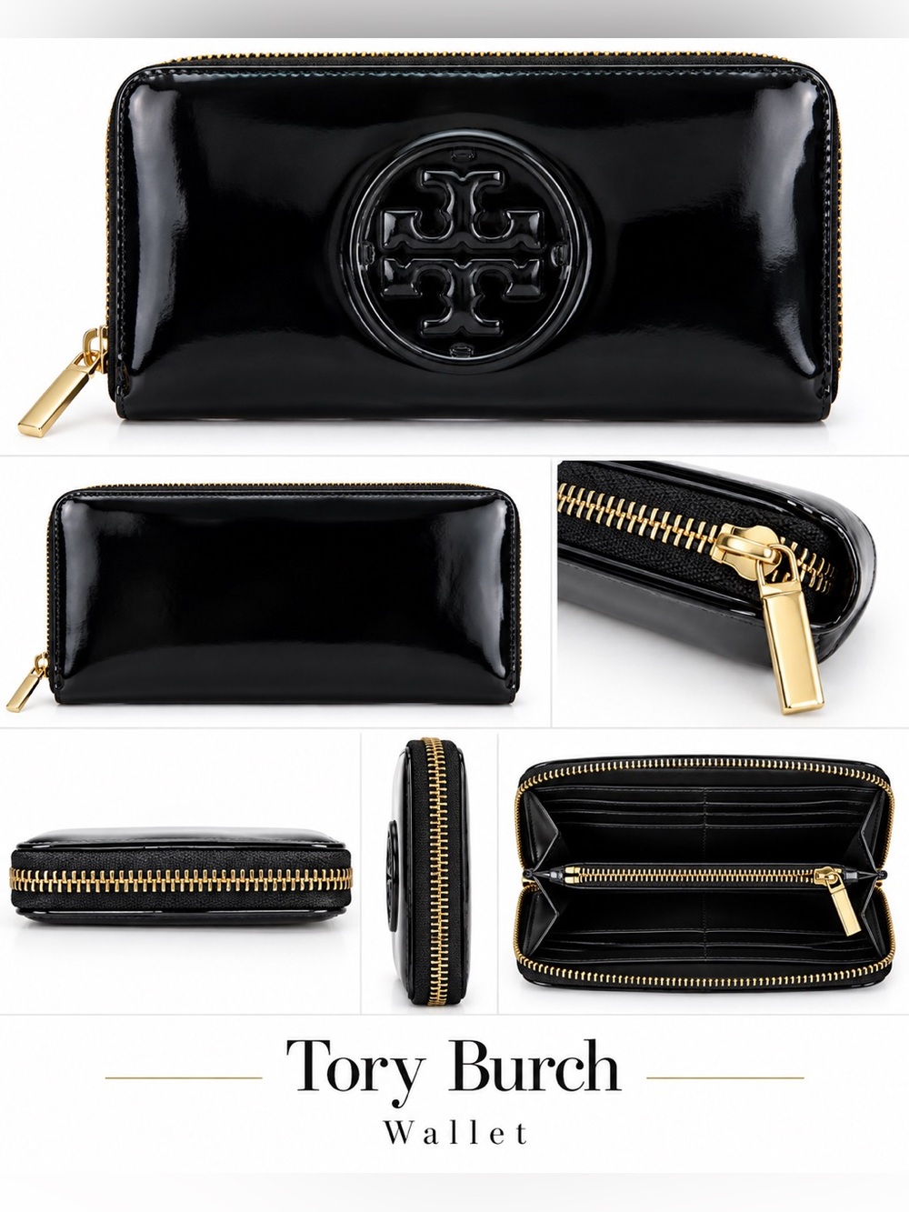 Tory Burch Black Patent Zip-Around Wallet with Gold Hardware